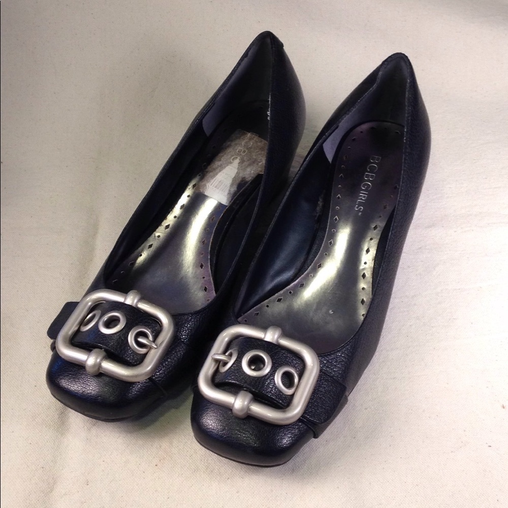 BCBGirls Black Leather Wedge with Buckle